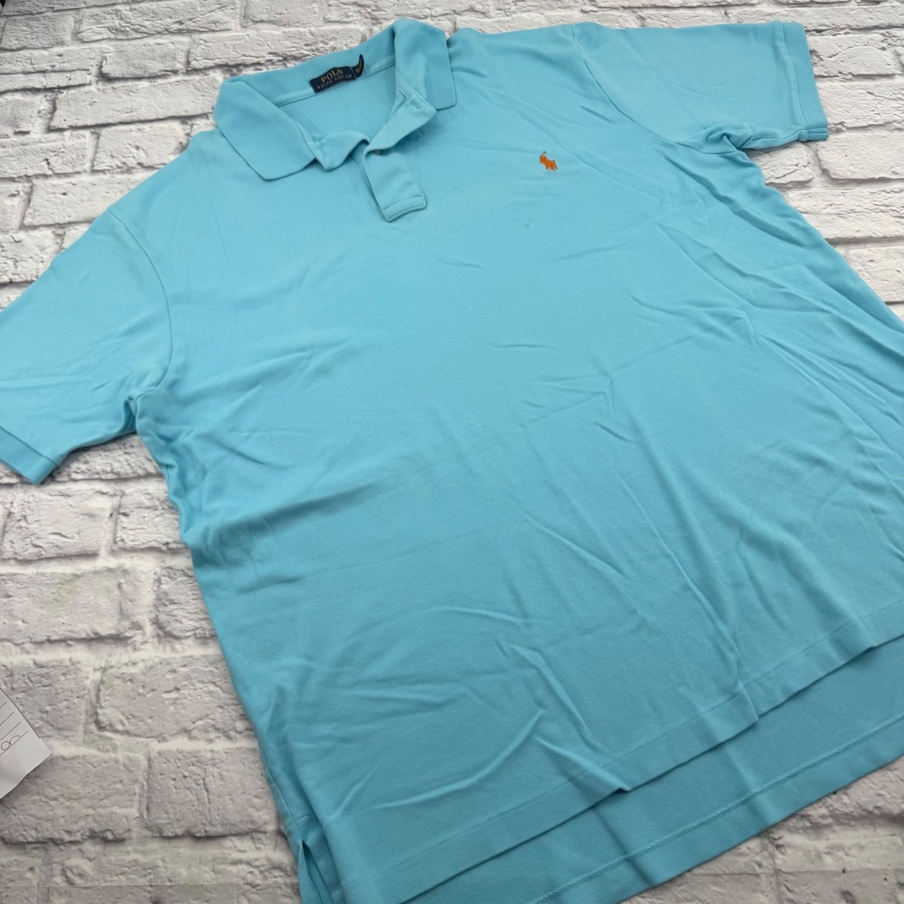 Polo Ralph Lauren Mens 2XLT Blue Short Sleeve Pique Polo Shirt Orange Pony Logo
